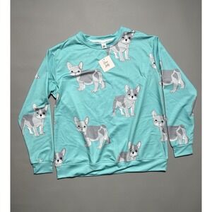 Pixie Lady Women's M Turquoise Long Sleeve Crew Neck French Bulldog Print